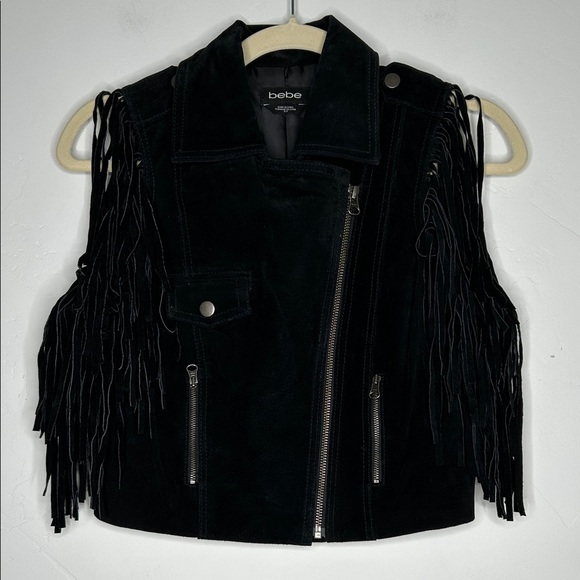Bebe Black Suede Fringe Moto Western Vest Size Small Asymmetric Zip Bike Week - Picture 1 of 13
